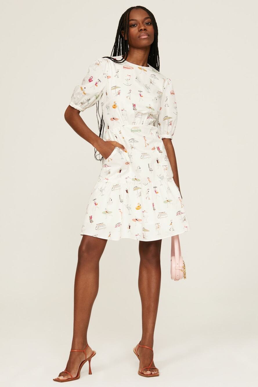 BOSS Hugo Boss Daranta White California Printed Puff Sleeve A-Line Mini Dress 8